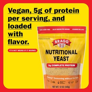 Bragg Premium Nutritional Yeast Seasoning - Vegan, Gluten Free – Good Source of Protein & Vitamins – Nutritious Savory Parmesan Cheese Substitute (Original, 12 Ounce (Pack of 1)) - Image 3