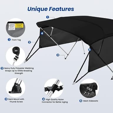 KAKIT 3 4 Bow Bimini Tops with Mesh Sidewalls Support Poles for Boats Marine Grade Canvas Top Includes 2 Straps Storage Boot 1 Inch Aluminum Frame - Image 6