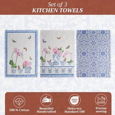 Maison d' Hermine Kitchen Towels Set of 3 100% Cotton 27.50" x 20" Reusable Cloth Tea Dish Towels Absorbent with Hanging Loop for Kitchen, Home, Dining, Cocktail Parties Spring/Summer (Canton) - Image 2