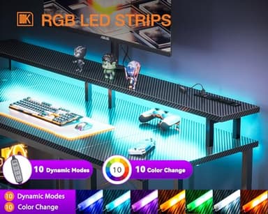 ODK 55 inch Computer Desk with Power Outlets & LED Lights, Gaming Desk with Monitor Stand & Storage Sheves, Home Office Desk, Carbon Fiber Black - Image 5