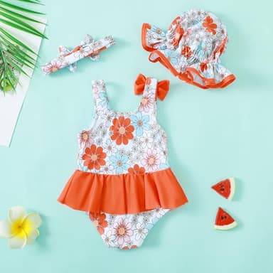 Toddler Girl Swimsuit One Piece Bathing Suit Summer Daisy Baby Bathing Suit Strap Swimming Beachwear Suit Orange Toddler Swimsuit Girl 18-24 Months - Image 4