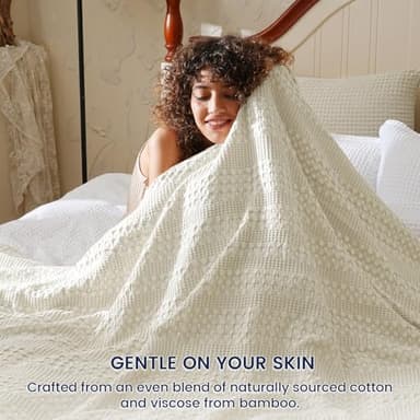 PHF Stone-Washed Cooling Waffle Twin Size Blanket - Lightweight Breathable Summer Blanket, 60% Rayon from Bamboo & 40% Cotton, Luxuriously Soft for Bed & Couch, 66"x90", Almond Milk - Image 2