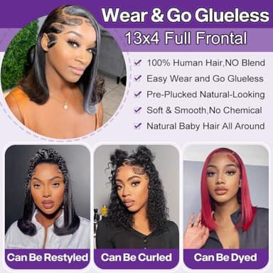 HIRIREMY Bob Wig Human Hair 13x4 HD Lace Frontal Short Straight Lace Front Bob Wigs for Black Women Human Hair Pre Plucked Glueless Side Part 180% Density Black Color 14 Inch - Image 5