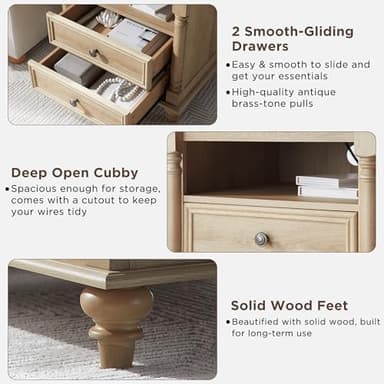 T4TREAM 24'' Farmhouse End Table w/4 Solid Wood Feet, Large 2 Drawers Wide Sofa Side Table with Charging Station, Tall Modern Wood Square Nightstand for Living Room, Bedroom, Office, Natural Oak - Image 4