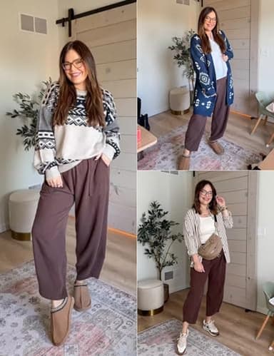 Xiaoxuemeng Womens Baggy Wide Leg Pants Casual Elastic Waisted Palazzo Harem Pants with Pockets(Coffee-S) - Image 3