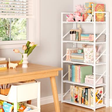JSB No Assembly Folding Bookshelf, 5 Tier Industrial Metal Book Shelf for Storage, Vintage Wood Foldable Bookcase for Living Room, Bedroom, Office Organization Shelves - Image 4