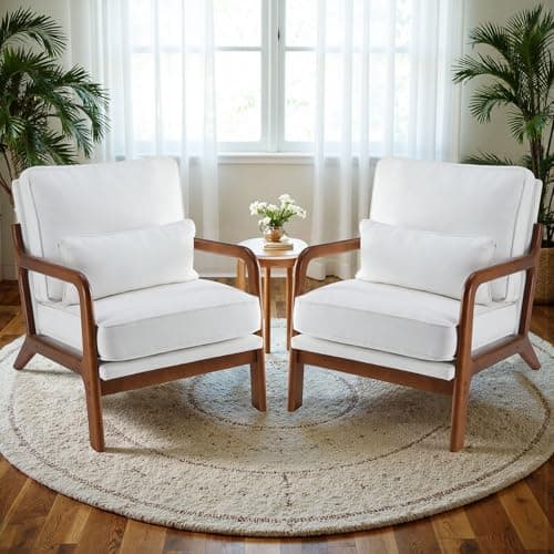 Sweetcrispy Accent Mid Century Modern Chairs with Pillow Set of 2, Upholstered Lounge Armchair, Linen Fabric Comfy Reading Chair with Wood Frame for Living Room, Bedroom, White - Image 1