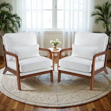 Sweetcrispy Accent Mid Century Modern Chairs with Pillow Set of 2, Upholstered Lounge Armchair, Linen Fabric Comfy Reading Chair with Wood Frame for Living Room, Bedroom, White - Image 1