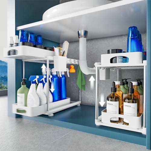 VERIFOST 2 Pack Under Sink Organizers and Storage, Double Sliding Kitchen Cabinet Organizer, 2 Tier Height Adjustable Countertop Organizer for Kitchen Bathroom Laundry, White - Image 1