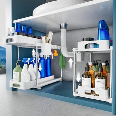 VERIFOST 2 Pack Under Sink Organizers and Storage, Double Sliding Kitchen Cabinet Organizer, 2 Tier Height Adjustable Countertop Organizer for Kitchen Bathroom Laundry, White - Image 1
