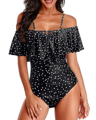 Holipick Black Dot Women Strapless One Piece Swimsuits Tummy Control Bathing Suit Ruffle Off Shoulder Swimwear with Sleeves Teen Girls Large - Image 1