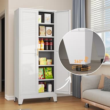 RISTERN White Metal Storage Cabinet,75" Steel Cabinets for Home Office, Kitchen Pantry Storage Cabinet with Doors and 5 Adjustable Shelves, Tool Cabinets, for Office, Home, Garage, School - Image 4