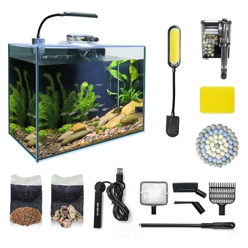 Small Aquarium Starter Kit, 2.6 Gallon Glass Betta Fish Tank with Heater Self Cleaning System Efficiency Filter Bright Light Rocks Gravel Cleaning Tool Set, Leak-Proof Ultra-Clear Rimless Desktop Tank - Image 1
