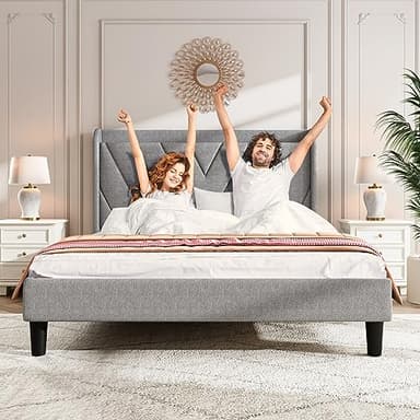 koorlian Queen Bed Frame, Linen Adjustable Upholstered Platform Bed Frame with Type-C&USB Port, Wingback Storage Headboard, Solid Wood Slats Support, No Box Spring Needed, Noiseless, Light Gray - Image 9