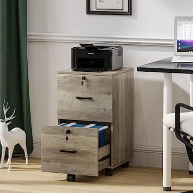VINGLI 2 Drawer File Cabinet with Lock, Wood Rustic Gray Filing Cabinet for Letter Size File Folders with Tabs, Under Desk Rolling File Cabinets for Home Office, Mobile File Organization Printer Stand - Image 7