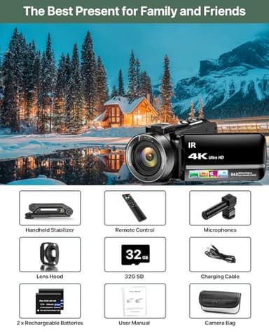 4K Video Camera Camcorder 64MP Vlogging Camera for YouTube 3.0" Touch Screen 18X Digital Zoom IR Night Vision with External Stereo Microphone,Remote,Lens Hood,Handheld Stabilizer,32G Card &2 Batteries - Image 8