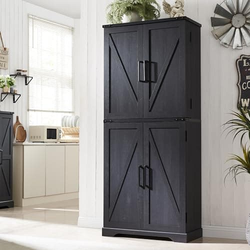 ACCOHOHO 72" Tall Kitchen Pantry, Farmhouse Storage Cabinet with Barn Door, Organizer, Drawer and Adjustable Shelves, Rustic Wood Cupboard for Kitchen, Dining Room, Bathroom, Black - Image 1