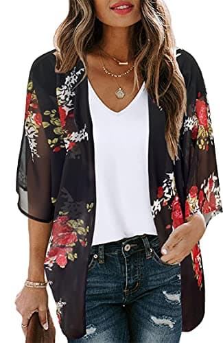 Women's Floral Print Puff Sleeve Kimono Cardigan Loose Cover Up Casual Blouse Tops (Black,2XL) - Image 1