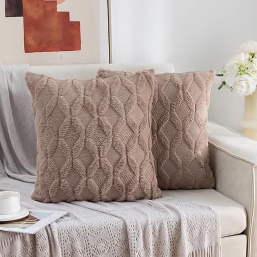Mimkus Boho Faux Wool Pillow Covers 18 x 18 Inch Set of 2 Soft Plush Short Wool Pillowcase Square Velvet Cushion Case for Sofa Bedroom, Khaki - Image 1