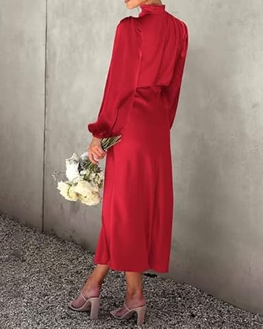 BTFBM Womens Mock Neck Satin Dress Summer Fall 2025 Long Sleeve High Waist Formal Wedding Party Maxi Cocktail Dresses(Red, X-Large) - Image 5