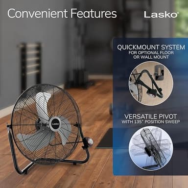 Lasko 20" Black High Velocity Wall Mount Fan with Pivoting Head - 3 Speeds, Ideal Wall Mount Fan or Floor Fans for Home, Garage, Attic, 2264QM - Image 5