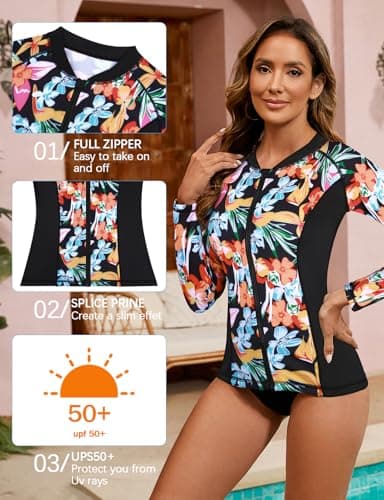 LURANEE Women's Zip Up Rash Guards for Women Long Sleeve Swimsuit UV Sun Protection Swim Shirts Multicolor - Image 2