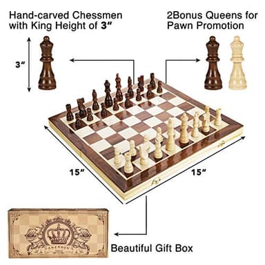 AMEROUS 15 Inches Magnetic Wooden Chess Set - 2 Extra Queens - Folding Board - Pieces Storage Slots, Handmade Portable Travel Chess Game - Beginner Chess Set for Kids, 6 up Age - Image 3