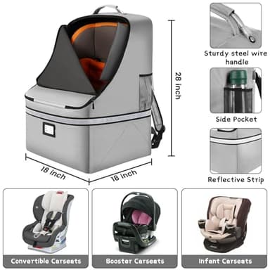 Car Seat Travel Bag,Padded Car Seats Backpack with Steel Cable Handle and Reflective Stripes, Large Durable Carseat Carrier Bag,Airport Gate Check Bag,Infant Seat Travel Bag with Shoulder Strap,Grey - Image 2