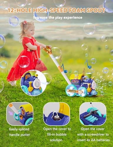 Bubble Machine,Bubble Blower Maker,Bubble Lawn Mower for Toddlers,Bubble Music Train with Light,Summer Outdoor Push Backyard Toys for 1-8 Ages,Christmas Birthday Gifts for Preschool Boys Girls (Blue) - Image 4