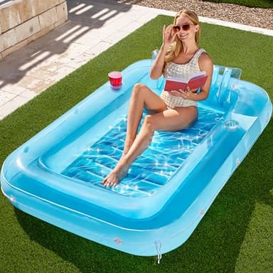 SLOOSH Inflatable Tanning Pool Lounger Float, 70" x 46" Pool Floats Adult with Pillow, 4 in 1 Suntan Tub Raft Floatie,Sunbathing Bed Lounge for Water Blow Up Kids Ball Pit Party Gifts, L-Blue - Image 1