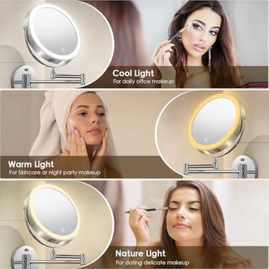 MNIENT Wall Mounted Lighted Makeup Mirror, 8" Rechargeable Double-Sided Light up Magnifying Mirror 1x/10x, 3 Colors Led Vanity Mirror with Lights, Touch Dimmable 360° Rotation Foldable - Image 2