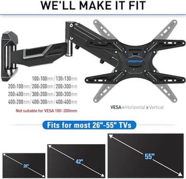 MOUNTUP Height Adjustable TV Wall Mount for 26-55 Inch TVs, Gas Spring Full Motion Articulating TV Bracket with Smooth Swivel Tilt & Safe Corner Installation, 400x400mm VESA, 11-66 lbs, Textured Black - Image 4
