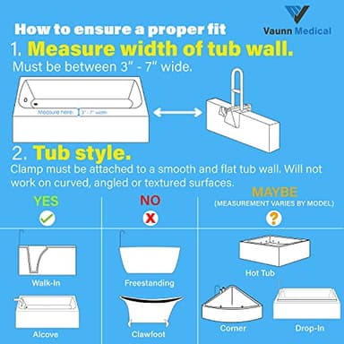 Vaunn Medical Adjustable Bathtub Safety Rail Shower Grab Bar Handle, Stainless Steel, White - Image 2