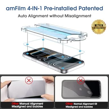 amFilm OneTouch Screen Protector for iPhone 17 Pro 6.3'' + Camera Lens Protector | Auto-Alignment Install | Bubble Free | 9H Tempered Glass | Shatterproof | FHD Clarity | Case Friendly | 2+4 Pack - Image 4