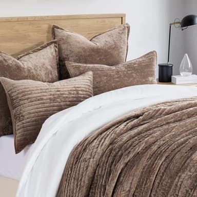 EVERGRACE Velvet Quilt Set King Size, Luxurious Soft Striped Channel Bedding Set, Lightweight Velvet Comforter for All Season, Oversized Bedspread Coverlet with 2 Matching Shams, Mocha Brown - Image 4