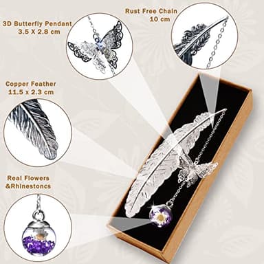 Toirxarn Silver Feather Bookmark with Butterfly Pendant & Gift Box – Elegant Gift for Women, Moms & Teachers – Ideal for Mother’s Day, Teacher Appreciation, Graduation, Birthday, and Book Lovers - Image 7