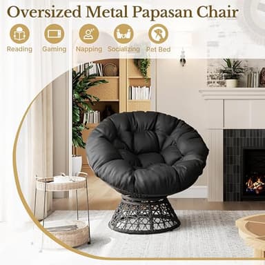 Yaheetech Indoor Papasan Chairs with Thick Tufted Cushions and Frame, Swivel Wicker Ergonomic Lounge Reading Chairs for Living Room/Bedroom, Black - Image 3