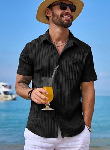 JMIERR Men's Summer Linen Shirts Short Sleeve Button Down Black Shirts for Men Textured Fashion Holiday Beach Casual Shirt, 2XL, - Image 9