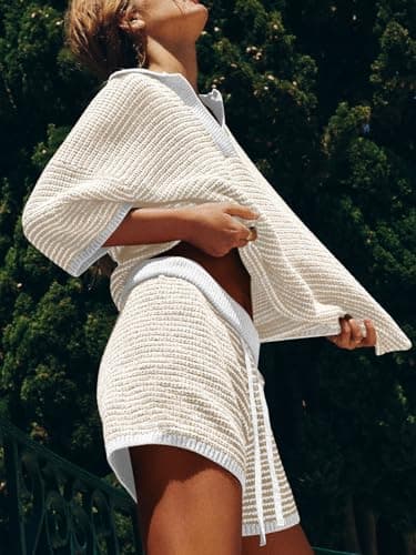 Tankaneo Womens Sweater Set 2 Piece Outfits Oversized 3/4 Sleeve V Neck Knit Tops High Waisted Shorts Lounge Sets - Image 4