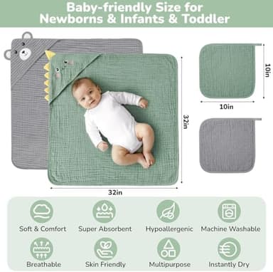 CandyHome 4 Pack Muslin Baby Towels for Newborn Set, 100% Cotton 2 Hooded Baby Bath Towels 32x32" with 2 Washcloths 10x10", Super Soft Absorbent Infant Toddler Bath Essentials Gifts, Dinosaur & Bear - Image 7