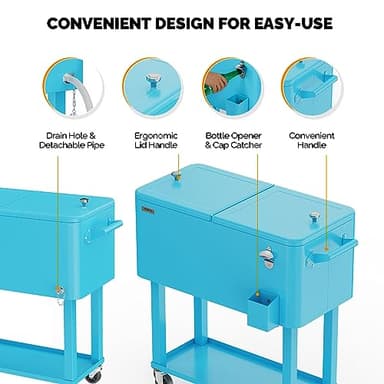 VINGLI 80 Quart Rolling Ice Chest, Portable Patio Party Bar Drink Cooler Cart, with Shelf, Beverage Pool with Bottle Opener (Light Blue) - Image 5