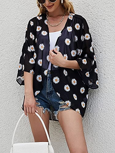 Chunoy Women's Summer Short Sleeve Floral Chiffon Kimono Cardigan Open Front Beach Wear Loose Cover Up Black Medium - Image 2