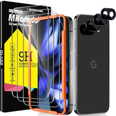 Milomdoi 3 Pack Tempered Glass for Google Pixel 9A Screen Protector with 3 Pack Camera Lens Protector, Ultra 9H Accessories [Support Fingerprint Unlock] Case Friendly, Mounting Frame - Image 1