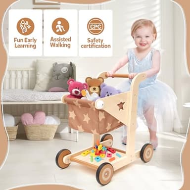 Asweets 2 in 1 Wooden Baby Walker Push and Pull Doll Stroller, Shopping Cart Learning Walker for Boys and Girls, Sit Stand Learning Toddler Toy (Brown) - Image 2