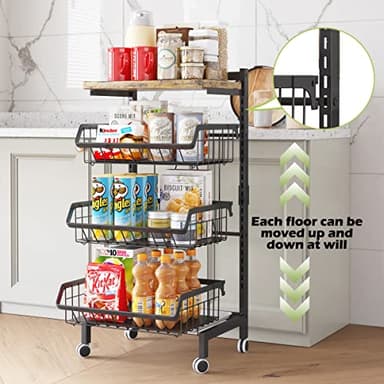 COVAODQ Fruit Basket 4-Tier Adjustable Fruit Vegetable Basket Cart Metal Wire Storage Cart Rolling Pantry Utility Kitchen Cart - Image 3