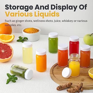 30 Pack 2 oz Glass Shot Bottles w/ White Lids & 30 Labels - Small Clear Jar for Ginger, Wellness Shot, Juice, Sample, Whiskey - Travel Essentials Mini Bottles - Wide Mouth, Leakproof, Dishwasher Safe - Image 5