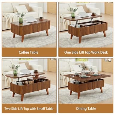 3 in 1 Lift Top Coffee Table, Fluted Convertible Coffee Tables Converts to Dining Tables, Modern Oval Wooden Center Table with Storage for Living Room Office Small Space, Partial Assembly (Walnut) - Image 4