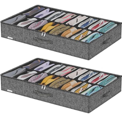 Friday Monkey Large Sturdy Thicken Shoe Storage Box, Clear Shoe Organizer for Closet Underbed, Folding Shoe Rack Sneaker Bin Holder Container Display Case, 16x2 Pairs, Linen-like Black, ZMXAUBS16P2 - Image 1
