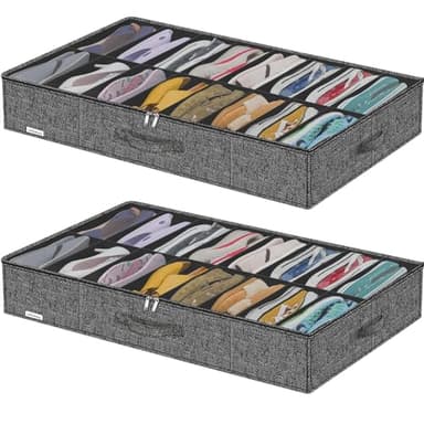 Friday Monkey Large Sturdy Thicken Shoe Storage Box, Clear Shoe Organizer for Closet Underbed, Folding Shoe Rack Sneaker Bin Holder Container Display Case, 16x2 Pairs, Linen-like Black, ZMXAUBS16P2 - Image 1