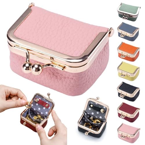 Leather Mini Jewelry Box for Women, Portable Vintage Leather Coin Purse, Jewelry Case with Kiss Lock, Mini Travel Ring Box for Earring Ring Necklace (Pink) - Image 1